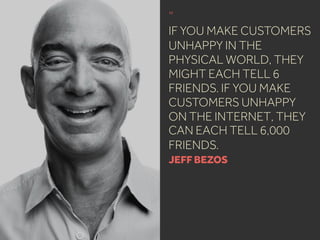 “
IF YOU MAKE CUSTOMERS
UNHAPPY IN THE
PHYSICAL WORLD, THEY
MIGHT EACH TELL 6
FRIENDS. IF YOU MAKE
CUSTOMERS UNHAPPY
ON THE INTERNET, THEY
CAN EACH TELL 6,000
FRIENDS.
JEFF BEZOS