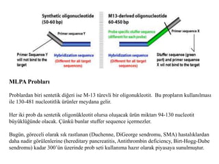 MLPA Probları
Problardan biri sentetik diğeri ise M-13 türevli bir oligonukleotit. Bu propların kullanılması
ile 130-481 nucleotitlik ürünler meydana gelir.
Her iki prob da sentetik oligonükleotit olursa oluşacak ürün miktarı 94-130 nucleotit
büyüklüğünde olacak. Çünkü bunlar stuffer sequence içermezler.
Bugün, göreceli olarak sık rastlanan (Duchenne, DiGeorge sendromu, SMA) hastalıklardan
daha nadir görülenlerine (hereditary pancreatitis, Antithrombin deficiency, Birt-Hogg-Dube
sendromu) kadar 300’ün üzerinde prob seti kullanıma hazır olarak piyasaya sunulmuştur.
 