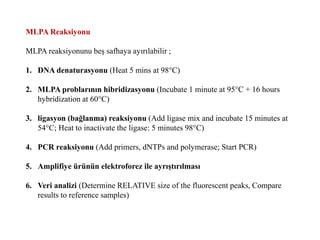 MLPA Reaksiyonu
MLPA reaksiyonunu beş safhaya ayırılabilir ;
1. DNA denaturasyonu (Heat 5 mins at 98°C)
2. MLPA problarının hibridizasyonu (Incubate 1 minute at 95°C + 16 hours
hybridization at 60°C)
3. ligasyon (bağlanma) reaksiyonu (Add ligase mix and incubate 15 minutes at
54°C; Heat to inactivate the ligase: 5 minutes 98°C)
4. PCR reaksiyonu (Add primers, dNTPs and polymerase; Start PCR)
5. Amplifiye ürünün elektroforez ile ayrıştırılması
6. Veri analizi (Determine RELATIVE size of the fluorescent peaks, Compare
results to reference samples)
 