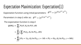 Expectation Maximization: Expectation(1)
Expectation function using initial parameters:
Parameters in step i, refer as:
The expectation function is step i:
 