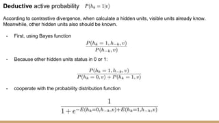 Deductive active probability
According to contrastive divergence, when calculate a hidden units, visible units already know.
Meanwhile, other hidden units also should be known.
- First, using Bayes function
- Because other hidden units status in 0 or 1:
- cooperate with the probability distribution function
 