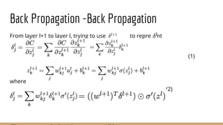 Back Propagation -Back Propagation
From layer l+1 to layer l, trying to use to represent
(1)
where
(2)
By combine (1) and (2):
 