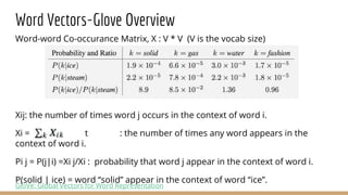 Word Vectors-Glove Overview
Word-word Co-occurance Matrix, X : V * V (V is the vocab size)
Xij: the number of times word j occurs in the context of word i.
Xi = t : the number of times any word appears in the
context of word i.
Pi j = P(j|i) =Xi j/Xi : probability that word j appear in the context of word i.
P(solid | ice) = word “solid” appear in the context of word “ice”.
GloVe: Global Vectors for Word Representation
 