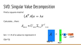 SVD: Singular Value Decomposition
Find a square-matrix!
Calculate… then:
let r << # of e-value to represent A
O(n^3)
 