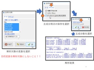28
解析対象の変数を選択
解析結果
目的変数を解析対象にしないこと！！
主成分得点の保存を選択
主成分数を選択
 