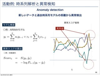 活動例: 時系列解析と異常検知
                      Anomaly detection

                新しいデータと過去時系列モデルの乖離から異常検出


                          8000.0000
                                             異常スコア推移   3.0000
  モデル構築
                                       異常値
  ◇例 : ARIMAモデル                                        2.2500




                          5970.7500                    1.5000




                                                       0.7500




                          3941.5000                         0



  異常スコアの算出
                                                       -0.7500

   ◇例 : 対数損失

                          1912.2500                    -1.5000




                                                       -2.2500




                           -117.0000                   -3.0000


                                                t
                                   4/ 週
                                   4/ 1週
                                   4/ 8週
                                    5/ 週
                                    5/ 週
                                   5/ 週
                                   5/ 週
                                   5/ 週
                                    6/ 週
                                   6/ 週
                                   6/ 週
                                   6/ 週
                                    7/ 週
                                   7/ 週
                                   7/ 週
                                   7/ 8週
                                         週
                                       4



                                     25
                                       2
                                       9
                                     16
                                     23
                                     30
                                       6
                                     13
                                     20
                                     27
                                       4
                                     11


                                     25
                                     1
                                     1




                                     1
                                    4/




                                                                 86
2012年5月12日土曜日
 