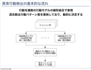 異常行動検出の基本的な流れ
             行動を複数の行動モデルの線形結合で表現
          混合数は行動パターン数を意味しており、動的に決定する




2012年5月12日土曜日
 