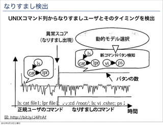 なりすまし検出
    UNIXコマンド列からなりすましユーザとそのタイミングを検出




  図: http://bit.ly/J4PrAf
2012年5月12日土曜日
 