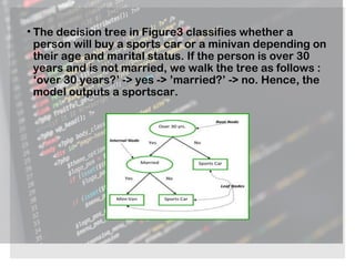 • The decision tree in Figure3 classifies whether a
person will buy a sports car or a minivan depending on
their age and marital status. If the person is over 30
years and is not married, we walk the tree as follows :
‘over 30 years?’ -> yes -> ’married?’ -> no. Hence, the
model outputs a sportscar.
 