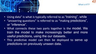 What is it???
• Using data” is what is typically referred to as “training”, while
• “answering questions” is referred to as “making predictions”,
or “inference”.
• What connects these two parts together is the model. We
train the model to make increasingly better and more
useful predictions, using the our datasets.
• This predictive model can then be deployed to serve up
predictions on previously unseen data.
 