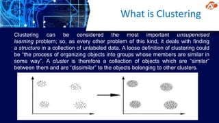 What is Clustering
Clustering can be considered the most important unsupervised
learning problem; so, as every other problem of this kind, it deals with finding
a structure in a collection of unlabeled data. A loose definition of clustering could
be “the process of organizing objects into groups whose members are similar in
some way”. A cluster is therefore a collection of objects which are “similar”
between them and are “dissimilar” to the objects belonging to other clusters.
 