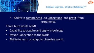 Origin of Learning.. What is intelligence??
• Ability to comprehend , to understand and profit from
experience.
Three buzz words of ML
• Capability to acquire and apply knowledge
• Mystic Connection to the world
• Ability to learn or adapt to changing world.
 