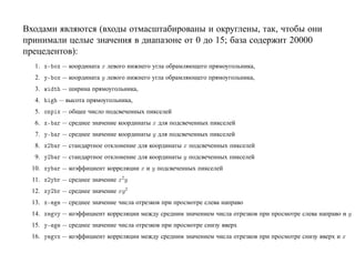 Входами являются (входы отмасштабированы и округлены, так, чтобы они
принимали целые значения в диапазоне от 0 до 15; база содержит 20000
прецедентов):
   1. Ü¹ ÓÜ — координата x левого нижнего угла обрамляющего прямоугольника,
   2. Ý¹ ÓÜ — координата y левого нижнего угла обрамляющего прямоугольника,
   3. Û    Ø — ширина прямоугольника,
   4.       — высота прямоугольника,
   5. ÓÒÔ Ü — общее число подсвеченных пикселей
   6. Ü¹    Ö — среднее значение координаты x для подсвеченных пикселей
   7. Ý¹    Ö — среднее значение координаты y для подсвеченных пикселей
   8. Ü¾    Ö — стандартное отклонение для координаты x подсвеченных пикселей
   9. Ý¾    Ö — стандартное отклонение для координаты y подсвеченных пикселей
  10. ÜÝ    Ö — коэффициент корреляции x и y подсвеченных пикселей
  11. Ü¾Ý Ö — среднее значение x2y
  12. ÜÝ¾ Ö — среднее значение xy 2
  13. Ü¹     — среднее значение числа отрезков при просмотре слева направо
  14. Ü    ÚÝ — коэффициент корреляции между средним значением числа отрезков при просмотре слева направо и y
  15. Ý¹     — среднее значение числа отрезков при просмотре снизу вверх
  16. Ý    ÚÜ — коэффициент корреляции между средним значением числа отрезков при просмотре снизу вверх и x
 