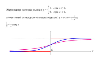 1, если x ≥ 0,
Элементарная пороговая функция y =
                                      0, если x < 0,
                                                           1
элементарный сигмоид (логистическая функция) y = σ(x) =
                                                        1 + e−x
1 1
 + arctg x
2 π



                                       1




                                       O                          x
 