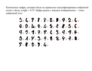Рукописные цифры, которые были не правильно классифицированы нейронной
сетью с decay weight = 0.75. Цифра рядом с каждым изображением — ответ
нейронной сети


              0    1    1    1     9    5    4    4    9     8


              4    9    6    4     1    5    1    4    5     2


              4    9    9    9     1    1    3    4    9     7


              0    4    8    3     9    1    9    9    9     4


              7    1    9    1     6
 