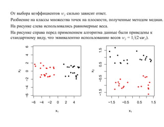 От выбора коэффициентов wj сильно зависит ответ.
Разбиение на классы множества точек на плоскости, полученные методом медиан.
На рисунке слева использовались равномерные веса.
На рисунке справа перед применением алгоритма данные были приведены к
стандартному виду, что эквивалентно использованию весов wj = 1/(2 varj ).
        6




                                              1.5
        4




                                              0.5
        2
   x2




                                         x2
        0




                                              −0.5
        −2
        −4




                                              −1.5
        −6




             −6   −4   −2   0    2   4               −1.5   −0.5    0.5   1.5

                            x1                                 x1
 
