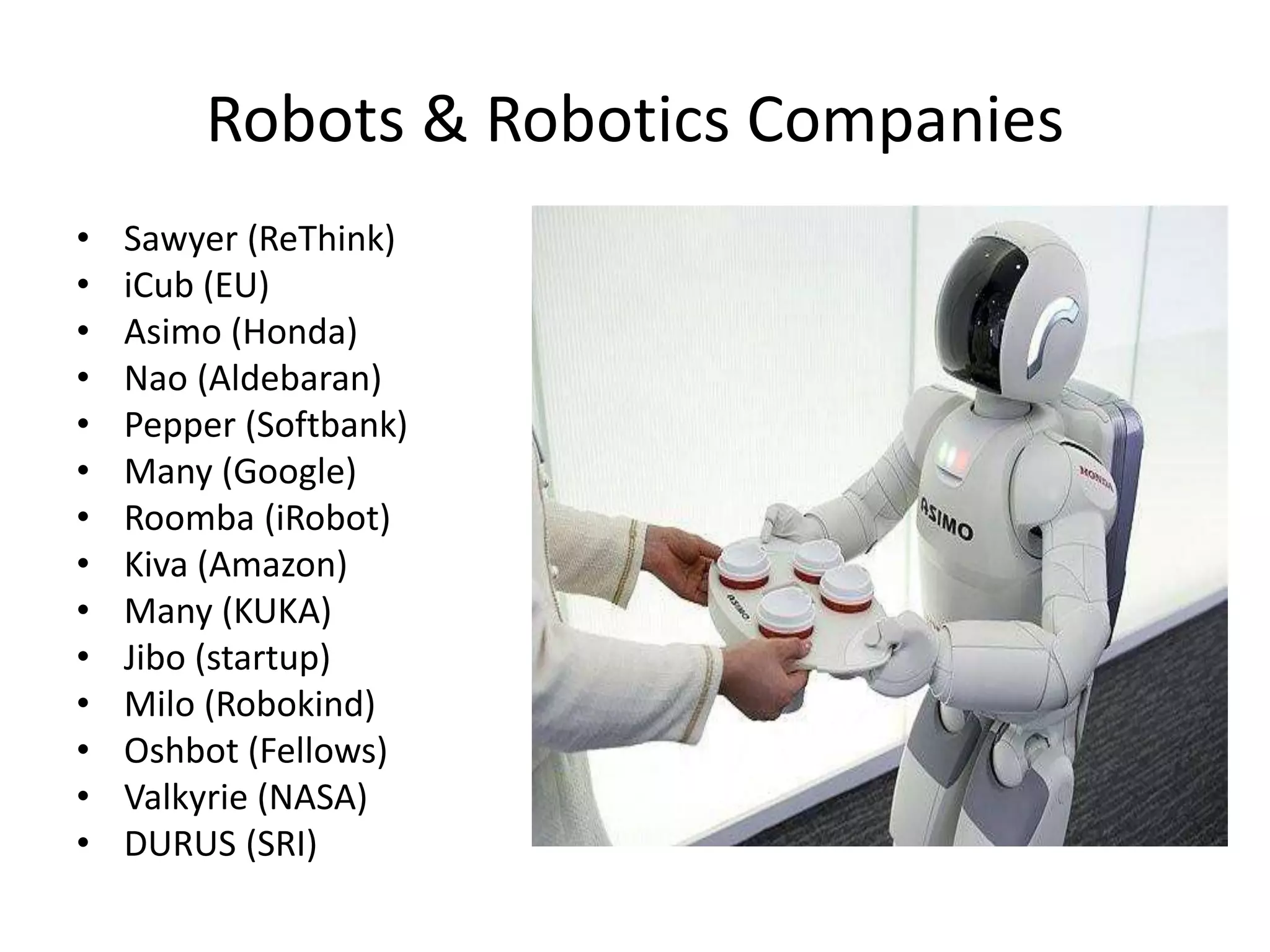 Robots & Robotics Companies
• Sawyer (ReThink)
• iCub (EU)
• Asimo (Honda)
• Nao (Aldebaran)
• Pepper (Softbank)
• Many (Google)
• Roomba (iRobot)
• Kiva (Amazon)
• Many (KUKA)
• Jibo (startup)
• Milo (Robokind)
• Oshbot (Fellows)
• Valkyrie (NASA)
• DURUS (SRI)
 