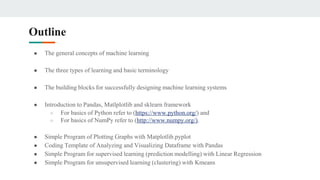 Outline
● The general concepts of machine learning
● The three types of learning and basic terminology
● The building blocks for successfully designing machine learning systems
● Introduction to Pandas, Matlplotlib and sklearn framework
○ For basics of Python refer to (https://www.python.org/) and
○ For basics of NumPy refer to (http://www.numpy.org/).
● Simple Program of Plotting Graphs with Matplotlib.pyplot
● Coding Template of Analyzing and Visualizing Dataframe with Pandas
● Simple Program for supervised learning (prediction modelling) with Linear Regression
● Simple Program for unsupervised learning (clustering) with Kmeans
 