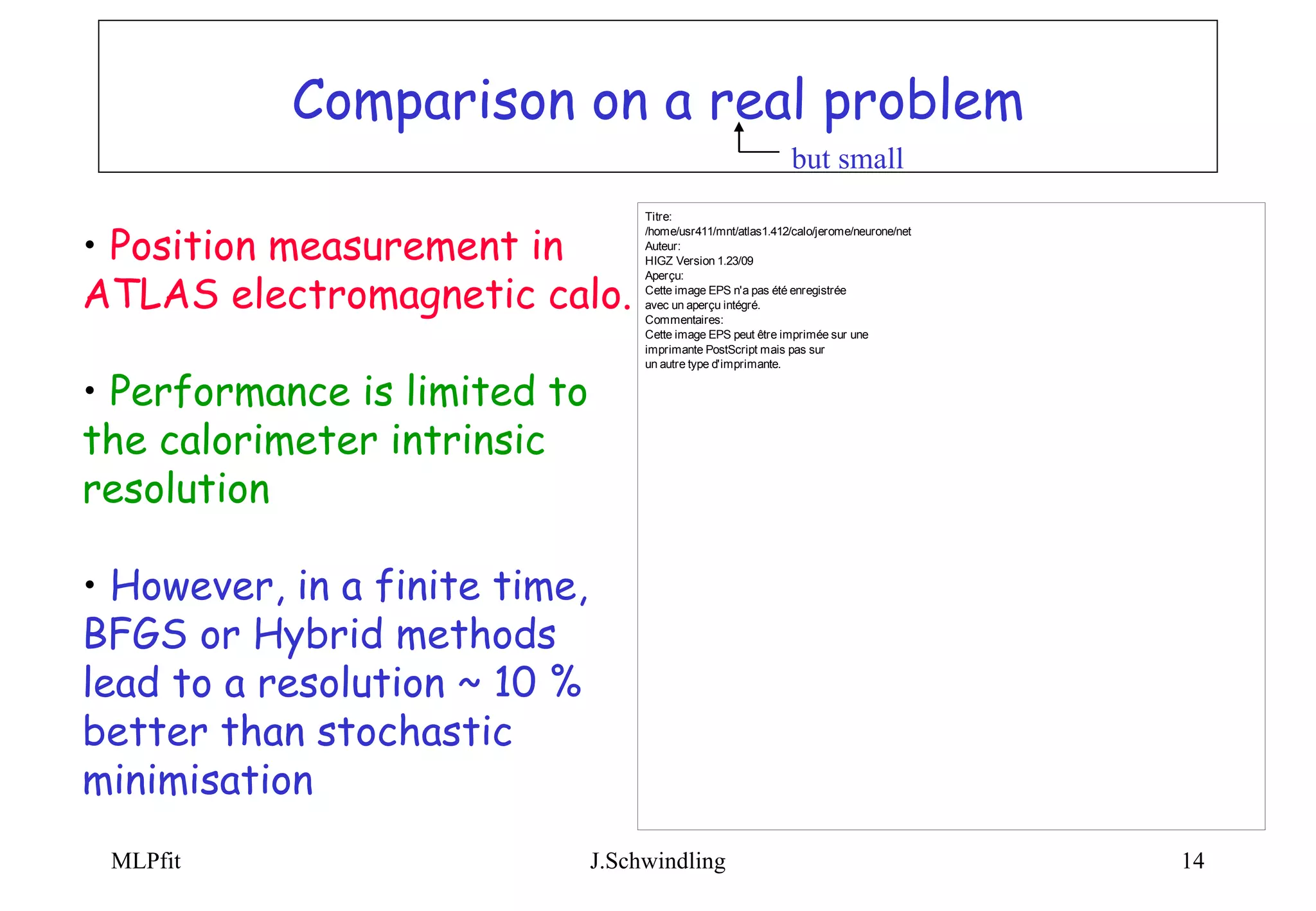 Comparison on a real problem Position measurement in ATLAS electromagnetic calo. Performance is limited to the calorimeter intrinsic resolution However, in a finite time, BFGS or Hybrid methods lead to a resolution ~ 10 % better than stochastic minimisation but small   