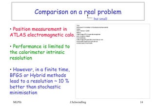 Comparison on a real problem Position measurement in ATLAS electromagnetic calo. Performance is limited to the calorimeter intrinsic resolution However, in a finite time, BFGS or Hybrid methods lead to a resolution ~ 10 % better than stochastic minimisation but small   