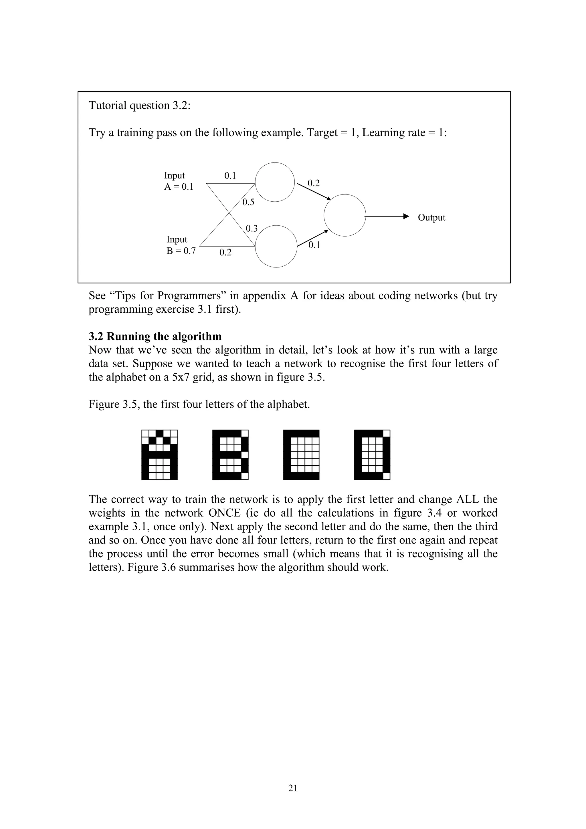 Tutorial question 3.2: Try a training pass on the following example. Target = 1, Learning rate = 1: See “Tips for Programmers” in appendix A for ideas about coding networks (but try programming exercise 3.1 first). 3.2 Running the algorithm Now that we’ve seen the algorithm in detail, let’s look at how it’s run with a large data set. Suppose we wanted to teach a network to recognise the first four letters of the alphabet on a 5x7 grid, as shown in figure 3.5. Figure 3.5, the first four letters of the alphabet. The correct way to train the network is to apply the first letter and change ALL the weights in the network ONCE (ie do all the calculations in figure 3.4 or worked example 3.1, once only). Next apply the second letter and do the same, then the third and so on. Once you have done all four letters, return to the first one again and repeat the process until the error becomes small (which means that it is recognising all the letters). Figure 3.6 summarises how the algorithm should work. 21 Input A = 0.1 Input B = 0.7 Output 0.1 0.5 0.2 0.3 0.2 0.1 