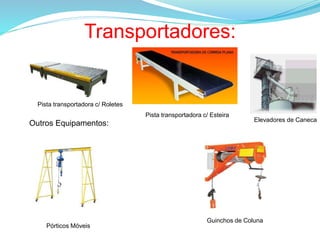 Pista transportadora c/ Roletes
Pista transportadora c/ Esteira
Elevadores de Caneca
Pórticos Móveis
Guinchos de Coluna
Outros Equipamentos:
Transportadores:
 