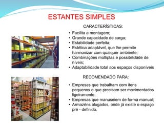 ESTANTES SIMPLES
CARACTERÍSTICAS:
• Facilita a montagem;
• Grande capacidade de carga;
• Estabilidade perfeita;
• Estética adaptável, que lhe permite
harmonizar com qualquer ambiente;
• Combinações múltiplas e possibilidade de
níveis;
• Adaptabilidade total aos espaços disponíveis
RECOMENDADO PARA:
• Empresas que trabalham com itens
pequenos e que precisam ser movimentados
ligeiramente;
• Empresas que manuseiem de forma manual;
• Armazéns alugados, onde já existe o espaço
pré - definido.
 