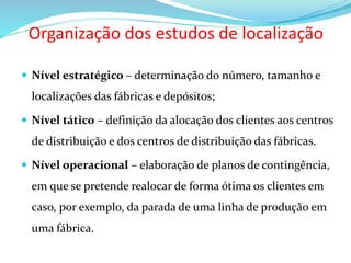 Organização dos estudos de localização
 Nível estratégico – determinação do número, tamanho e
localizações das fábricas e depósitos;
 Nível tático – definição da alocação dos clientes aos centros
de distribuição e dos centros de distribuição das fábricas.
 Nível operacional – elaboração de planos de contingência,
em que se pretende realocar de forma ótima os clientes em
caso, por exemplo, da parada de uma linha de produção em
uma fábrica.
 