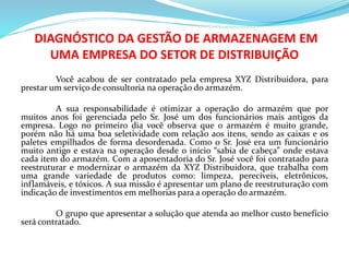 DIAGNÓSTICO DA GESTÃO DE ARMAZENAGEM EM
UMA EMPRESA DO SETOR DE DISTRIBUIÇÃO
Você acabou de ser contratado pela empresa XYZ Distribuidora, para
prestar um serviço de consultoria na operação do armazém.
A sua responsabilidade é otimizar a operação do armazém que por
muitos anos foi gerenciada pelo Sr. José um dos funcionários mais antigos da
empresa. Logo no primeiro dia você observa que o armazém é muito grande,
porém não há uma boa seletividade com relação aos itens, sendo as caixas e os
paletes empilhados de forma desordenada. Como o Sr. José era um funcionário
muito antigo e estava na operação desde o início “sabia de cabeça” onde estava
cada item do armazém. Com a aposentadoria do Sr. José você foi contratado para
reestruturar e modernizar o armazém da XYZ Distribuidora, que trabalha com
uma grande variedade de produtos como: limpeza, perecíveis, eletrônicos,
inflamáveis, e tóxicos. A sua missão é apresentar um plano de reestruturação com
indicação de investimentos em melhorias para a operação do armazém.
O grupo que apresentar a solução que atenda ao melhor custo benefício
será contratado.
 