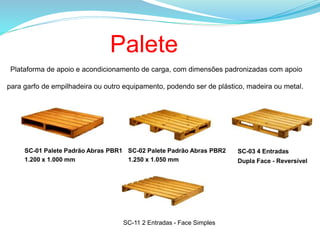 Plataforma de apoio e acondicionamento de carga, com dimensões padronizadas com apoio
para garfo de empilhadeira ou outro equipamento, podendo ser de plástico, madeira ou metal.
SC-01 Palete Padrão Abras PBR1
1.200 x 1.000 mm
SC-02 Palete Padrão Abras PBR2
1.250 x 1.050 mm
SC-03 4 Entradas
Dupla Face - Reversível
SC-11 2 Entradas - Face Simples
Palete
 