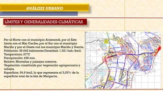 ANÁLISIS URBANO
LÍMITESY GENERALIDADES CLIMÁTICAS
Por el Norte con el municipio Arismendi, por el Este
limita con el Mar Caribe, por el Sur con el municipio
Mariño y por el Oeste con los municipio Mariño y García.
Población: 35.642 habitantes Densidad: 1.021 hab./km2.
Temperatura: 27ºC
Precipitación: 438 mm.
Relieve: Montañas y paisajes costeros.
Vegetación: constituida por vegetación agropecuaria y
urbana.
Superficie: 34,9 km2, lo que representa el 3,03% de la
superficie total de la Isla de Margarita.
 
