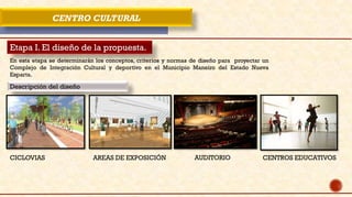 CENTRO CULTURAL
Etapa I. El diseño de la propuesta.
En esta etapa se determinarán los conceptos, criterios y normas de diseño para proyectar un
Complejo de Integración Cultural y deportivo en el Municipio Maneiro del Estado Nueva
Esparta.
Descripción del diseño
CICLOVIAS AREAS DE EXPOSICIÓN AUDITORIO CENTROS EDUCATIVOS
 