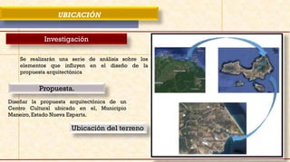 UBICACIÓN
Investigación
Propuesta.
Diseñar la propuesta arquitectónica de un
Centro Cultural ubicado en el, Municipio
Maneiro, Estado Nueva Esparta.
Ubicación del terreno
Se realizarán una serie de análisis sobre los
elementos que influyen en el diseño de la
propuesta arquitectónica
 