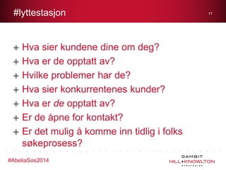 #lyttestasjon

Hva sier kundene dine om deg?
Hva er de opptatt av?
Hvilke problemer har de?
Hva sier konkurrentenes kunder?
Hva er de opptatt av?
Er de åpne for kontakt?
Er det mulig å komme inn tidlig i folks
søkeprosess?
#AbeliaSos2014

17

 