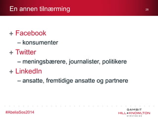 En annen tilnærming

Facebook
– konsumenter

Twitter
– meningsbærere, journalister, politikere

LinkedIn
– ansatte, fremtidige ansatte og partnere

#AbeliaSos2014

28

 