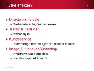 Hvilke effekter?

Direkte online salg
– Webanalyse, tagging av lenker

Trafikk til nettsiden
– webanalyse

Kundeservice
– Hvor mange har fått hjelp via sosiale medier

Image & kunnskap/kjennskap
– Kvalitative undersøkelser
– Facebook-panel + andre
25.02.2014

36

 