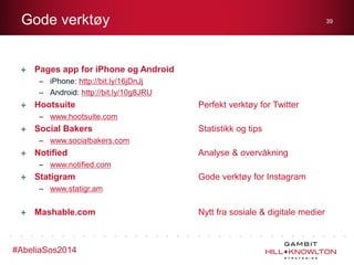 Gode verktøy

39

Pages app for iPhone og Android
– iPhone: http://bit.ly/16jDnJj
– Android: http://bit.ly/10g8JRU

Hootsuite

Perfekt verktøy for Twitter

– www.hootsuite.com

Social Bakers

Statistikk og tips

– www.socialbakers.com

Notified

Analyse & overvåkning

– www.notified.com

Statigram

Gode verktøy for Instagram

– www.statigr.am

Mashable.com

#AbeliaSos2014

Nytt fra sosiale & digitale medier

 