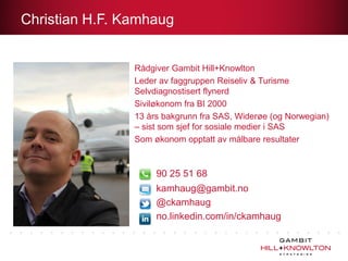 Christian H.F. Kamhaug

Rådgiver Gambit Hill+Knowlton
Leder av faggruppen Reiseliv & Turisme
Selvdiagnostisert flynerd
Siviløkonom fra BI 2000
13 års bakgrunn fra SAS, Widerøe (og Norwegian)
– sist som sjef for sosiale medier i SAS
Som økonom opptatt av målbare resultater

90 25 51 68
kamhaug@gambit.no
@ckamhaug
no.linkedin.com/in/ckamhaug

 