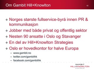Om Gambit Hill+Knowlton

42

Norges største fullservice-byrå innen PR &
kommunikasjon
Jobber med både privat og offentlig sektor
Nesten 90 ansatte i Oslo og Stavanger
En del av Hill+Knowlton Strategies
Oslo er hovedkontor for halve Europa
– www.gambit.no
– twitter.com/gambithk
– facebook.com/gambithk

 