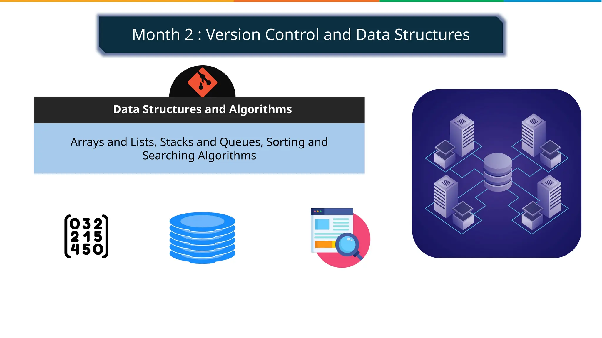Month 2 : Version Control and Data Structures
Arrays and Lists, Stacks and Queues, Sorting and
Searching Algorithms
Data Structures and Algorithms
 