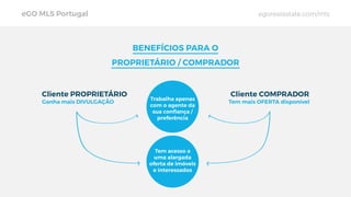 Trabalha apenas
com o agente da
sua conﬁança /
preferência
Tem acesso a
uma alargada
oferta de imóveis
e interessados
Cliente PROPRIETÁRIO Cliente COMPRADOR
BENEFÍCIOS PARA O
PROPRIETÁRIO / COMPRADOR
Ganha mais DIVULGAÇÃO
eGO MLS Portugal egorealestate.com/mls
Tem mais OFERTA disponível
 