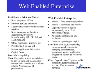 Web Enabled Enterprise Traditional – Brick and Mortar Need property - offices Personal & Corp computers Location based telecommunication services  Need to acquire applications - Accounting, Inventory, Manufacturing, HR, PR, Sales & Marketing. etc  Office machines -  printers, fax People / Staff on pay roll Manual application integration Capital Costs Pros:   Own  capability Cons:  Expensive in start up and day-to-day in  time and money, slow startup, bricks and mortar – admin offices. No guarantee of performance Web Enabled Enterprise   Virtual  - function from anywhere Virtual -  command and control Capacity/resources added incrementally as needed/ performance based Application integration and evolution Costs are operating vs capital  Pros:  Low start-up, low operating expenses, quick respond to changing circumstances, operational agility, application integration, no/few IT resources onsite. Cons:  Dependent on 3 rd  party-  skills, capability, performance and service,  Cost are recurring and perpetual 