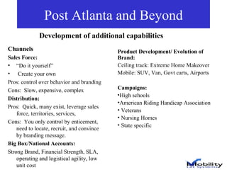 Post Atlanta and Beyond Channels Sales Force: “ Do it yourself” Create your own Pros: control over behavior and branding Cons:  Slow, expensive, complex Distribution:   Pros:  Quick, many exist, leverage sales force, territories, services,  Cons:  You only control by enticement, need to locate, recruit, and convince by branding message. Big Box/National Accounts: Strong Brand, Financial Strength, SLA, operating and logistical agility, low unit cost Product Development/ Evolution of Brand: Ceiling track: Extreme Home Makeover Mobile: SUV, Van, Govt carts, Airports Campaigns:  High schools American Riding Handicap Association Veterans Nursing Homes State specific Development of additional capabilities 