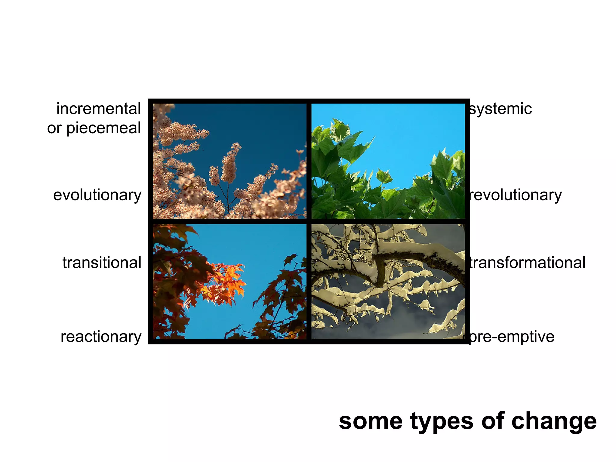 incremental              systemic
or piecemeal



evolutionary              revolutionary



 transitional             transformational



 reactionary              pre-emptive




                some types of change
 