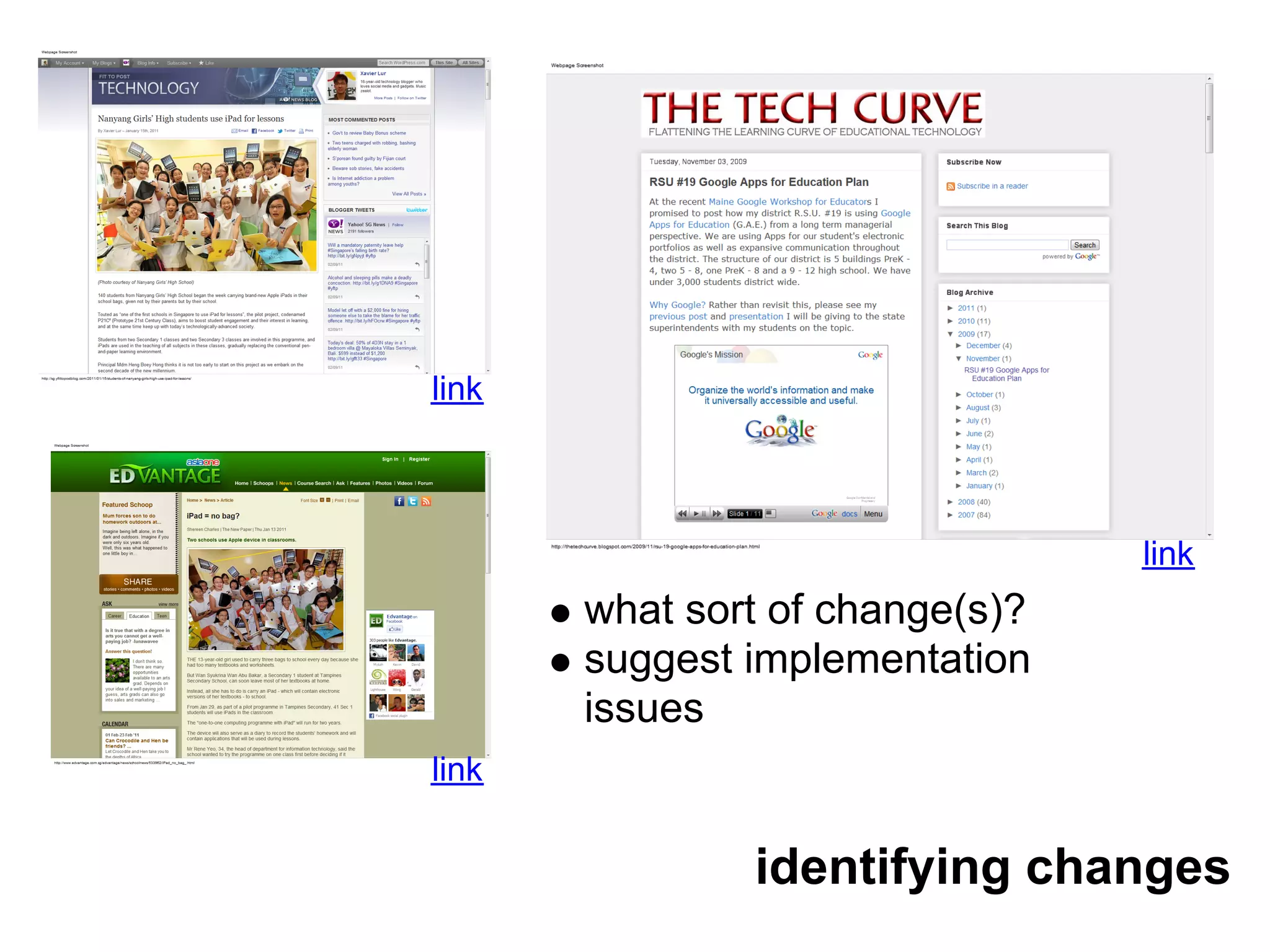 link



                                 link
       what sort of change(s)?
       suggest implementation
       issues
link


               identifying changes
 