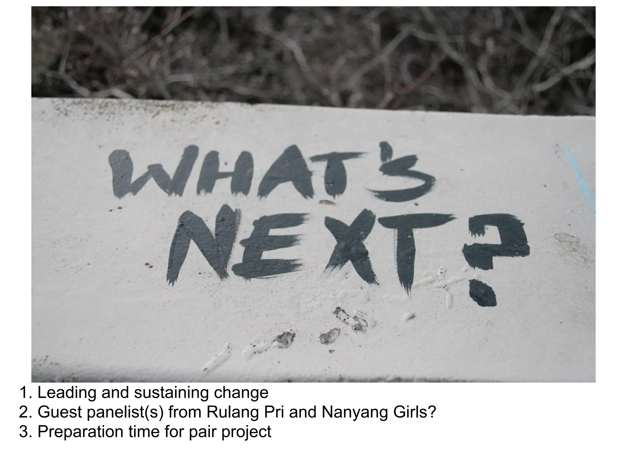 1. Leading and sustaining change
2. Guest panelist(s) from Rulang Pri and Nanyang Girls?
3. Preparation time for pair project
 