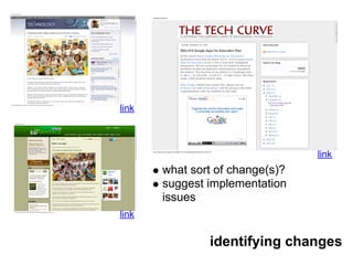 link



                                 link
       what sort of change(s)?
       suggest implementation
       issues
link


               identifying changes
 