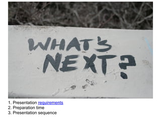 1. Presentation requirements
2. Preparation time
3. Presentation sequence
 