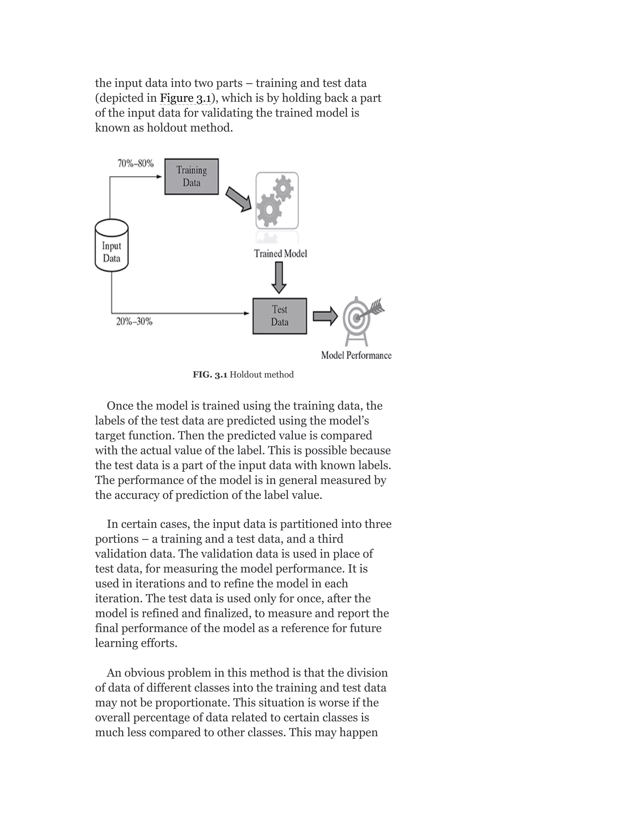 the input data into two parts – training and test data
(depicted in Figure 3.1), which is by holding back a part
of the input data for validating the trained model is
known as holdout method.
FIG. 3.1 Holdout method
Once the model is trained using the training data, the
labels of the test data are predicted using the model’s
target function. Then the predicted value is compared
with the actual value of the label. This is possible because
the test data is a part of the input data with known labels.
The performance of the model is in general measured by
the accuracy of prediction of the label value.
In certain cases, the input data is partitioned into three
portions – a training and a test data, and a third
validation data. The validation data is used in place of
test data, for measuring the model performance. It is
used in iterations and to refine the model in each
iteration. The test data is used only for once, after the
model is refined and finalized, to measure and report the
final performance of the model as a reference for future
learning efforts.
An obvious problem in this method is that the division
of data of different classes into the training and test data
may not be proportionate. This situation is worse if the
overall percentage of data related to certain classes is
much less compared to other classes. This may happen
 
