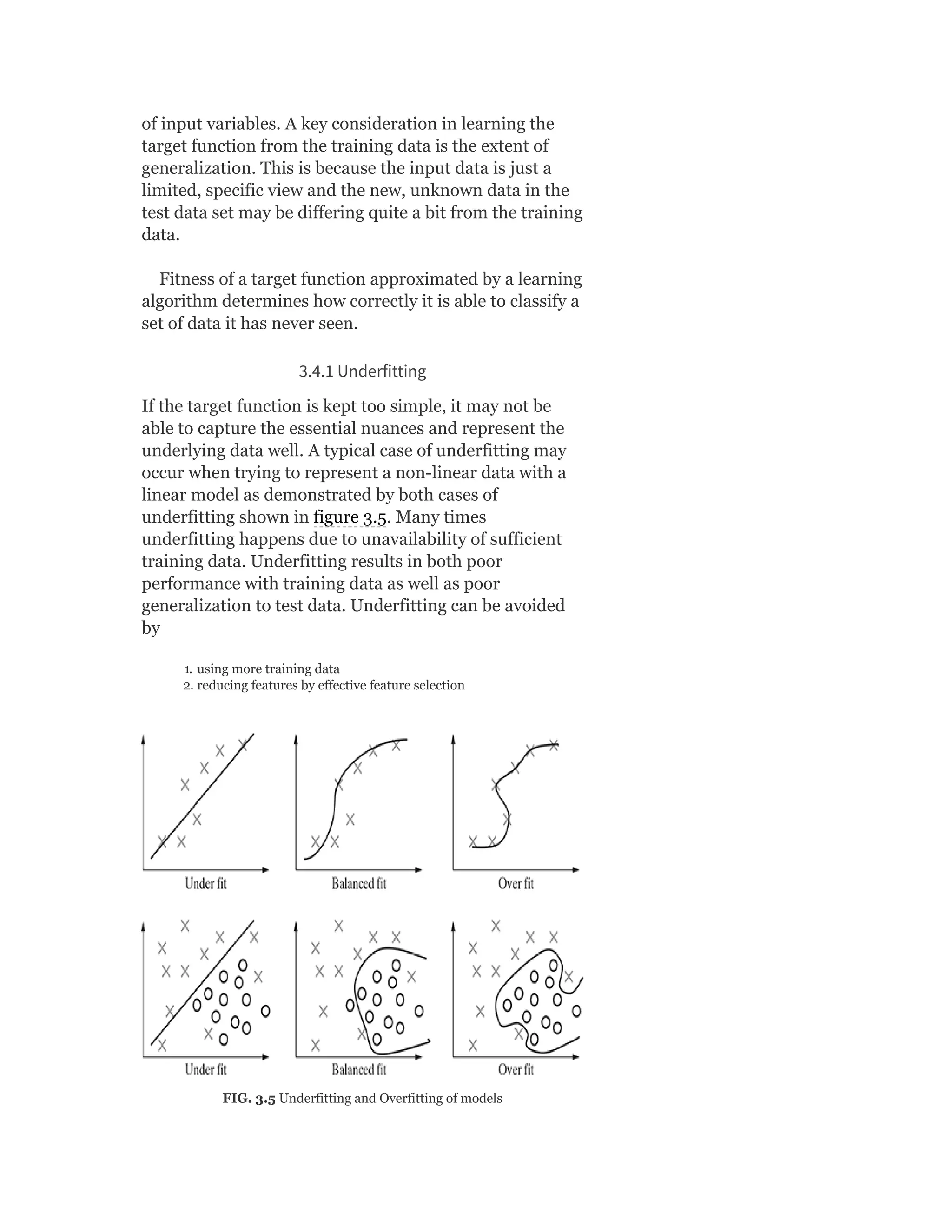 of input variables. A key consideration in learning the
target function from the training data is the extent of
generalization. This is because the input data is just a
limited, specific view and the new, unknown data in the
test data set may be differing quite a bit from the training
data.
Fitness of a target function approximated by a learning
algorithm determines how correctly it is able to classify a
set of data it has never seen.
3.4.1 Underfitting
If the target function is kept too simple, it may not be
able to capture the essential nuances and represent the
underlying data well. A typical case of underfitting may
occur when trying to represent a non-linear data with a
linear model as demonstrated by both cases of
underfitting shown in figure 3.5. Many times
underfitting happens due to unavailability of sufficient
training data. Underfitting results in both poor
performance with training data as well as poor
generalization to test data. Underfitting can be avoided
by
1. using more training data
2. reducing features by effective feature selection
FIG. 3.5 Underfitting and Overfitting of models
 